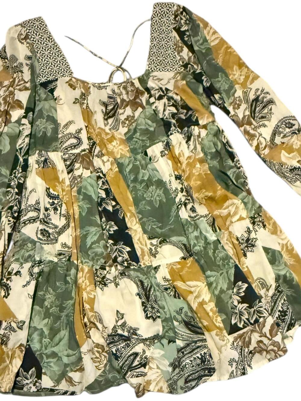 Anthropologie Patchwork Boho Mini Dress S Long Sleeve Mixed Print Tiered Top